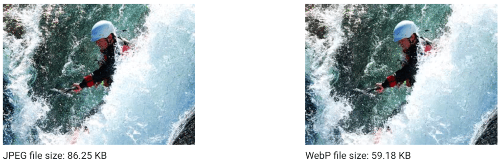 Comparison of JPEG to WebP image files of a man kayaking